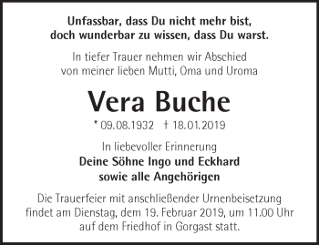 Traueranzeige von Vera Buche von Märkische Oderzeitung