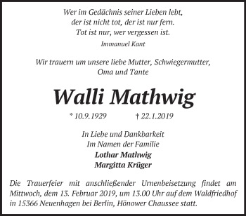 Traueranzeige von Walli Mathwig von Märkische Oderzeitung