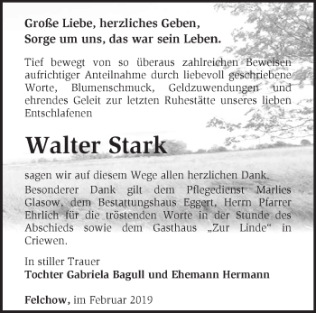 Traueranzeige von Walter Stark von Märkische Oderzeitung