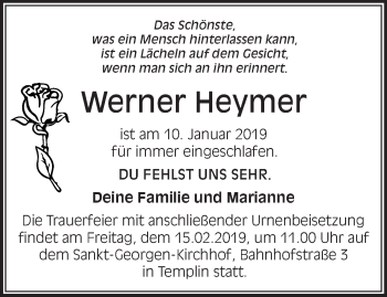 Traueranzeige von Werner Heymer von Märkische Oderzeitung