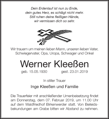 Traueranzeige von Werner Kleeßen von Märkische Oderzeitung