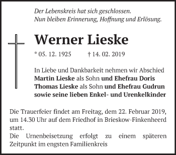 Traueranzeige von Werner Lieske von Märkische Oderzeitung