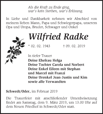 Traueranzeige von Wilfried Radke von Märkische Oderzeitung