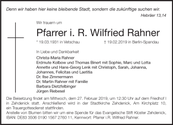 Traueranzeige von Wilfried Rahner von Märkische Oderzeitung