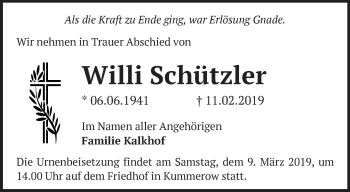 Traueranzeige von Willi Schützler von Märkische Oderzeitung