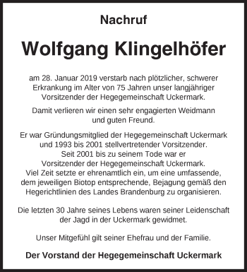 Traueranzeige von Wolfgang Klingelhöfer von Märkische Oderzeitung