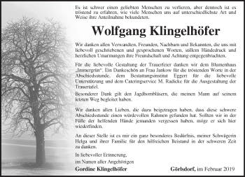 Traueranzeige von Wolfgang Klingelhöfer von Märkische Oderzeitung