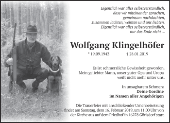 Traueranzeige von Wolfgang Klingelhöfer von Märkische Oderzeitung