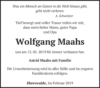 Traueranzeige von Wolfgang Maahs von Märkische Oderzeitung