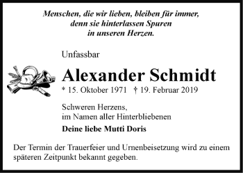 Traueranzeige von Alexander Schmidt von Märkische Oderzeitung