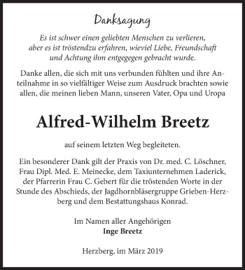 Traueranzeige von Alfred-Wilhelm Breetz von Märkische Oderzeitung