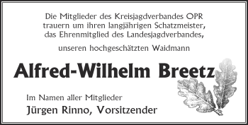 Traueranzeige von Alfred-Wilhelm Breetz von Märkische Oderzeitung