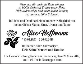 Traueranzeige von Alice Hoffmann von Märkische Oderzeitung