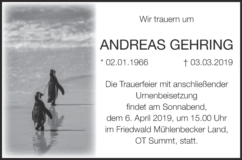  Traueranzeige für Andreas Gehring vom 30.03.2019 aus Märkische Oderzeitung