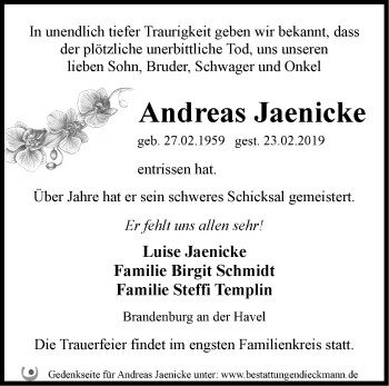 Traueranzeige von Andreas Jaenicke von Märkische Oderzeitung