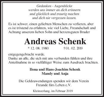 Traueranzeige von Andreas Schenk von Märkische Oderzeitung