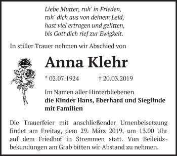 Traueranzeige von Anna Klehr von Märkische Oderzeitung