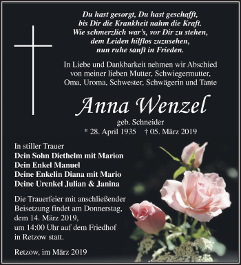 Traueranzeige von Anna Wenzel von Märkische Oderzeitung