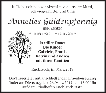 Traueranzeige von Annelies Güldenpfennig von Märkische Oderzeitung