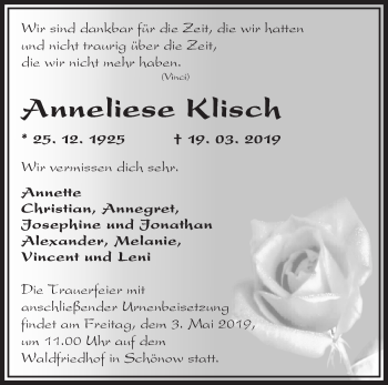 Traueranzeige von Anneliese Klisch von Märkische Oderzeitung