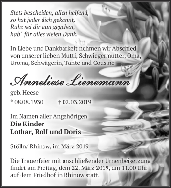 Traueranzeige von Anneliese Lienemann von Märkische Oderzeitung