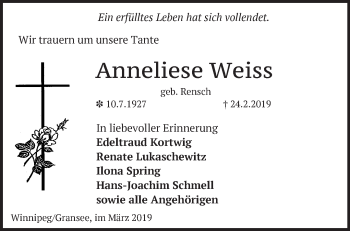 Traueranzeige von Anneliese Weiss von Märkische Oderzeitung