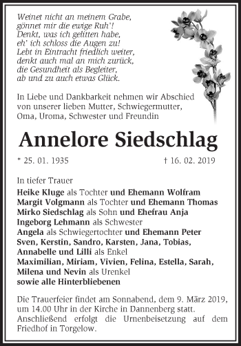 Traueranzeige von Annelore Siedschlag von Märkische Oderzeitung