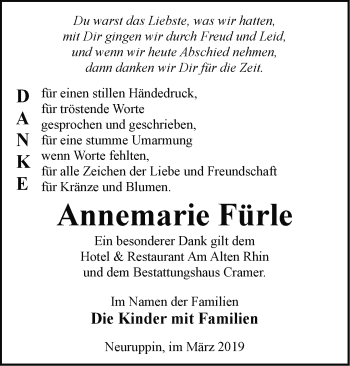 Traueranzeige von Annemarie Fürle von Märkische Oderzeitung