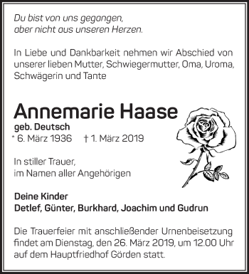 Traueranzeige von Annemarie Haase von Märkische Oderzeitung