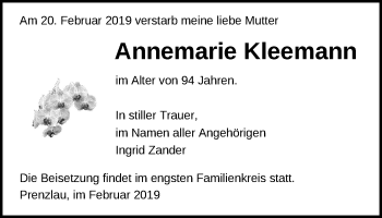 Traueranzeige von Annemarie Kleemann von Märkische Oderzeitung