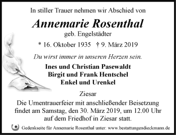 Traueranzeige von Annemarie Rosenthal von Märkische Oderzeitung