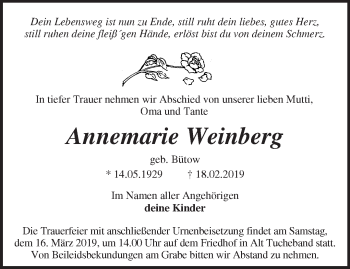 Traueranzeige von Annemarie Weinberg von Märkische Oderzeitung