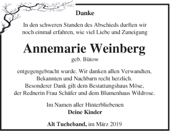 Traueranzeige von Annemarie Weinberg von Märkische Oderzeitung