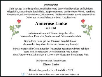 Traueranzeige von Annerose Linke von Märkische Oderzeitung