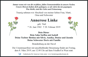 Traueranzeige von Annerose Linke von Märkische Oderzeitung