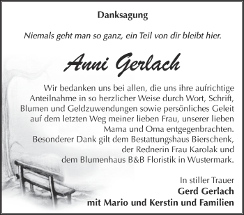 Traueranzeige von Anni Gerlach von Märkische Oderzeitung