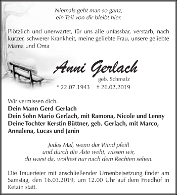 Traueranzeige von Anni Gerlach von Märkische Oderzeitung