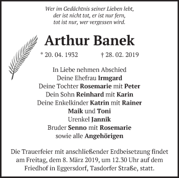 Traueranzeige von Arthur Banek von Märkische Oderzeitung