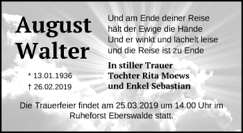 Traueranzeige von August Walter von Märkische Oderzeitung