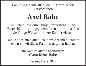 Traueranzeige von Axel Rabe von Märkische Oderzeitung