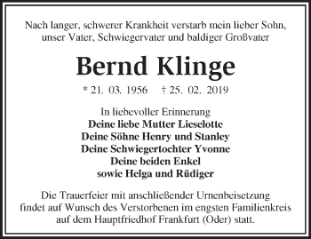 Traueranzeige von Bernd Klinge von Märkische Oderzeitung