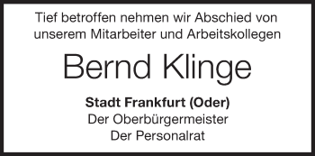 Traueranzeige von Bernd Klinge von Märkische Oderzeitung