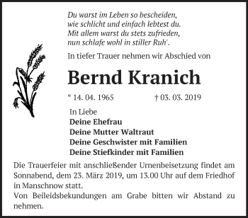 Traueranzeige von Bernd Kranich von Märkische Oderzeitung