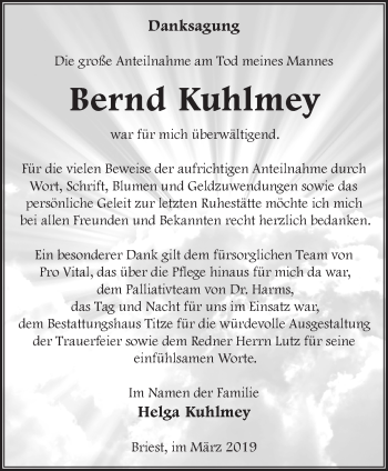 Traueranzeige von Bernd Kuhlmey von Märkische Oderzeitung