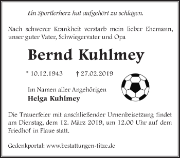 Traueranzeige von Bernd Kuhlmey von Märkische Oderzeitung