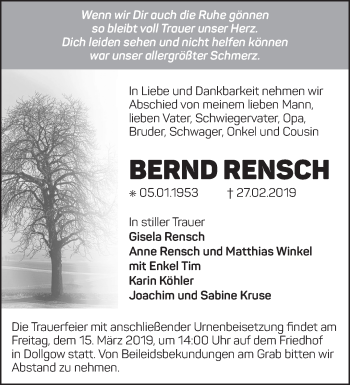 Traueranzeige von Bernd Rensch von Märkische Oderzeitung