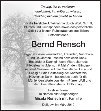 Traueranzeige von Bernd Rensch von Märkische Oderzeitung