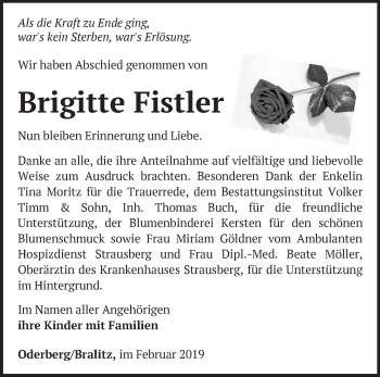 Traueranzeige von Brigitte Fistler von Märkische Oderzeitung