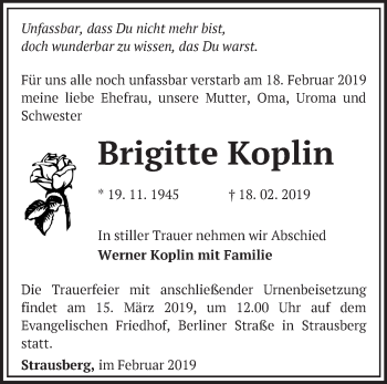 Traueranzeige von Brigitte Kolpin von Märkische Oderzeitung