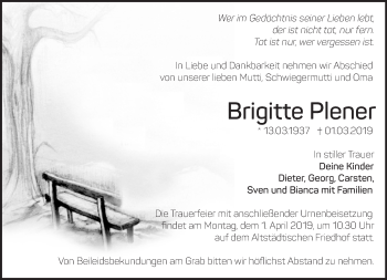 Traueranzeige von Brigitte Plener von Märkische Oderzeitung